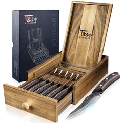 SYOKAMI face du coffret montrant six couteaux et rangement, qualité et présentation
