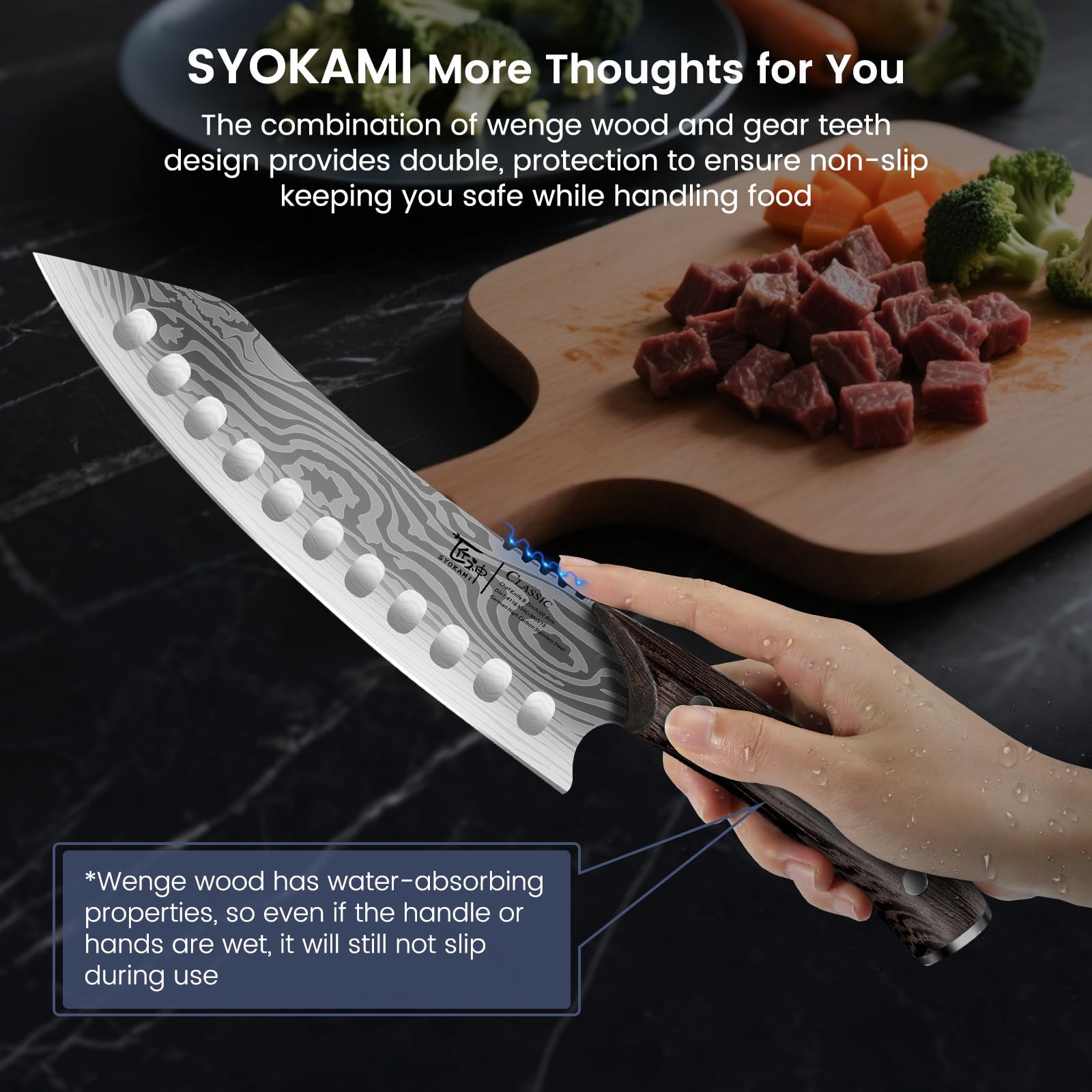 SYOKAMI couteau tranchant une tomate, illustrant coupe nette et contrôle