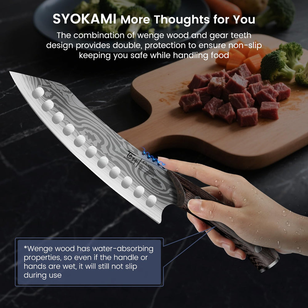 SYOKAMI couteau tranchant une tomate, illustrant coupe nette et contrôle