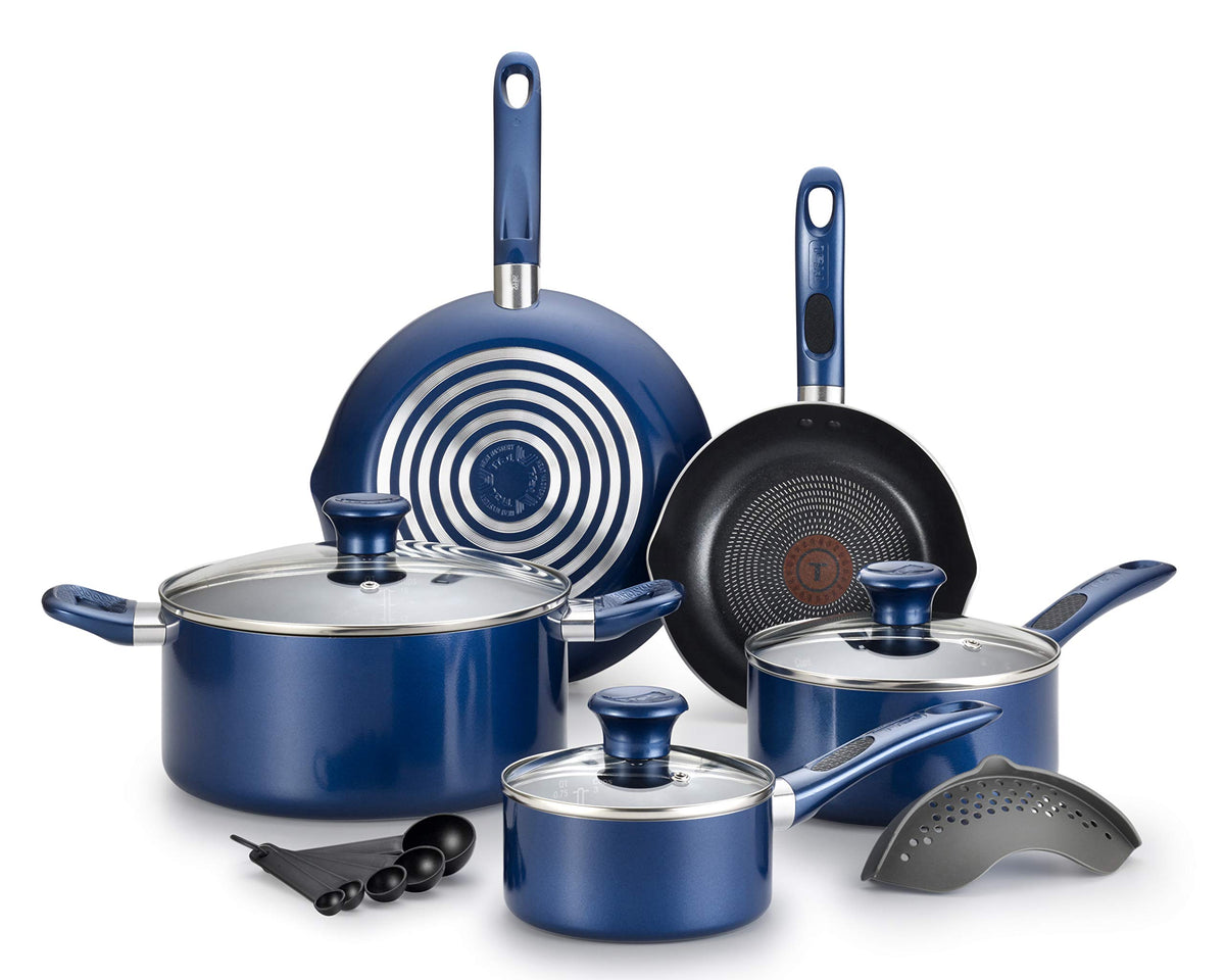 T-Fal vue avant de l'ensemble bleu montrant toutes les pièces et organisation pratique