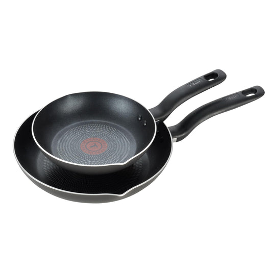 T-Fal vue face avant du lot de deux poêles pour gain de place et polyvalence