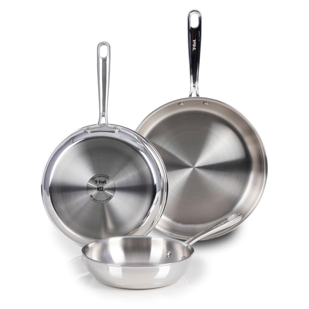 T-fal vue avant des trois poêles ensemble pour polyvalence