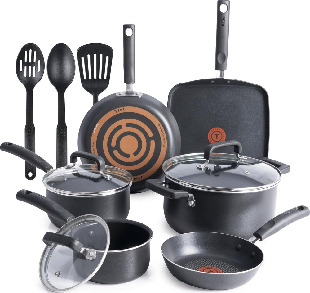 T-Fal ensemble Signature face avant montrant toutes pièces et gain de place