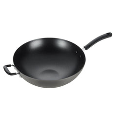 T-Fal wok vue de face emballage montrant design et dimensions, indique fiabilité