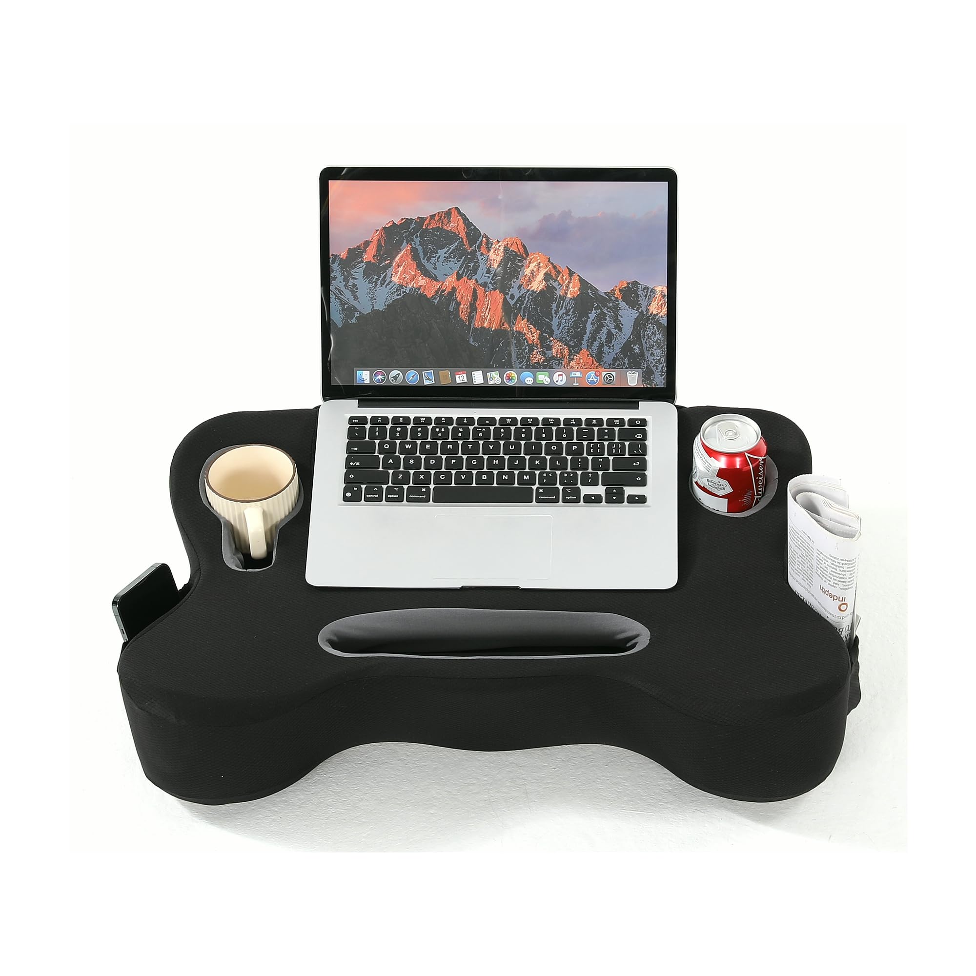 TabCouchCaddy vue avant du plateau avec laptop et accessoires pour organisation