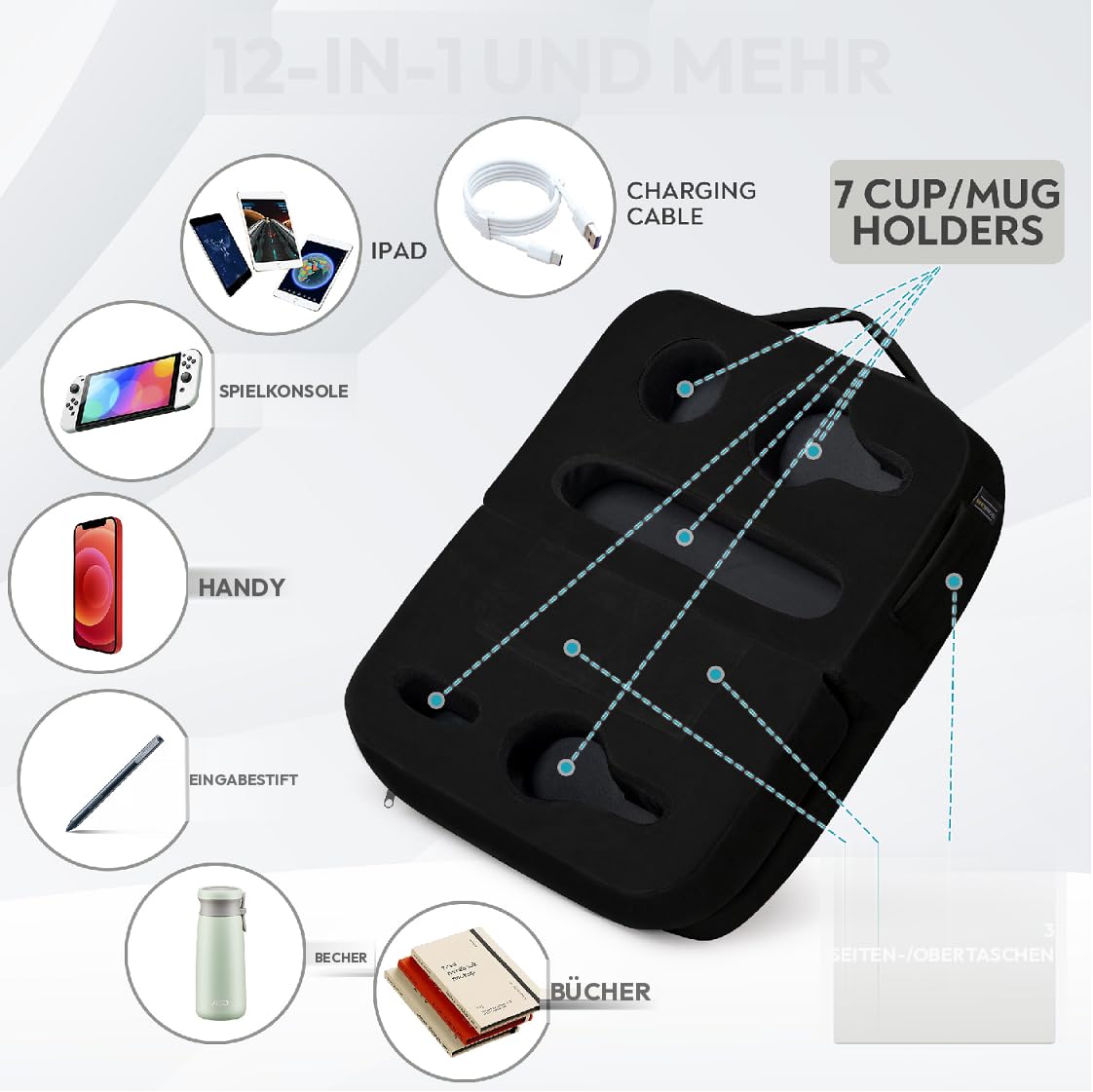 TabCouchCaddy utilisé au lit avec liseuse et téléphone pratique