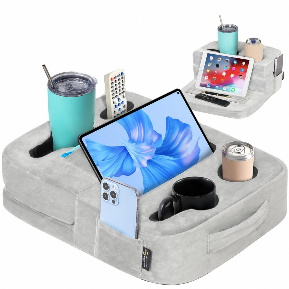 TabCouchCaddy vue avant du coussin montrant porte-gobelets et rangement pratique