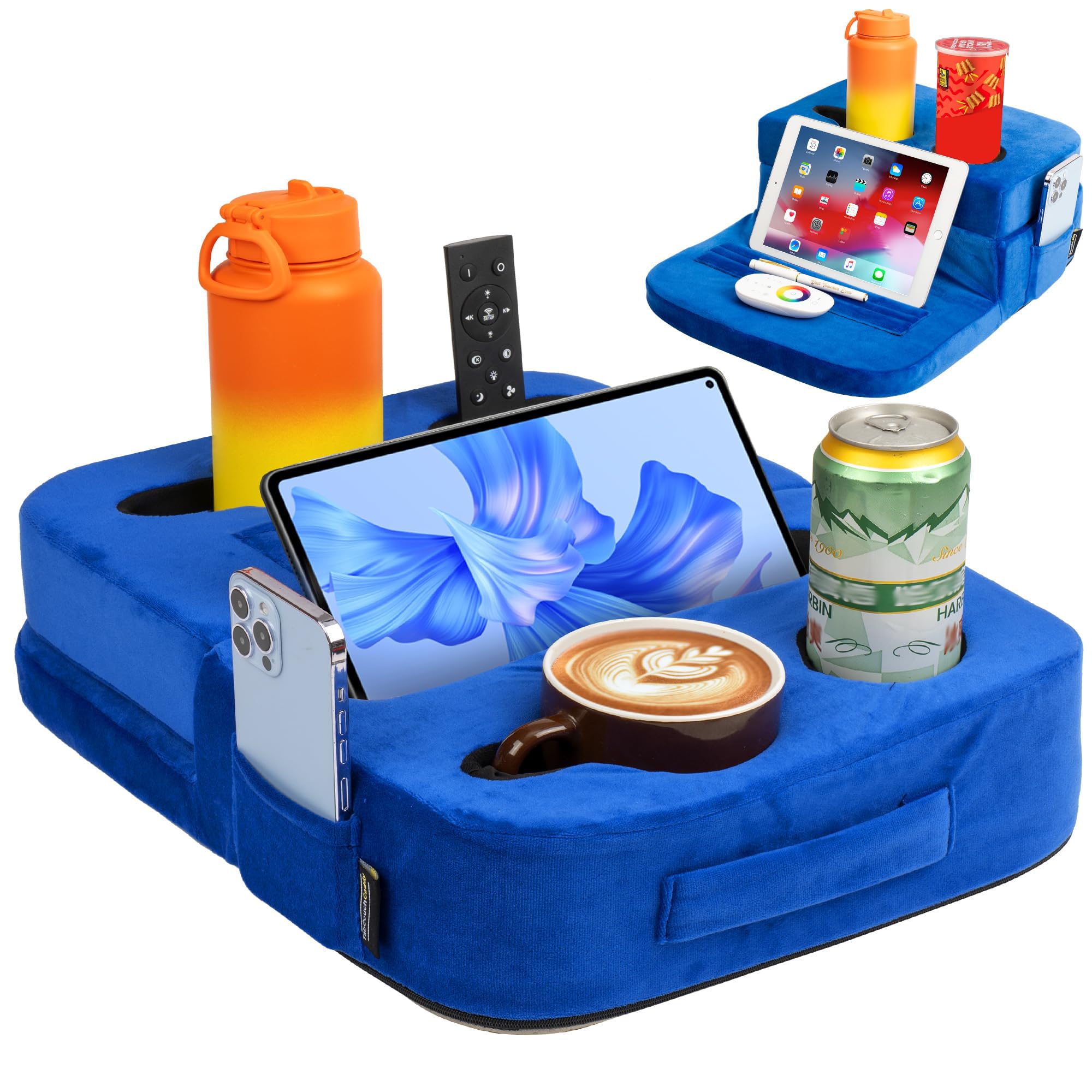 TabCouchCaddy gros plan insert gobelet rigide protège contre renversements