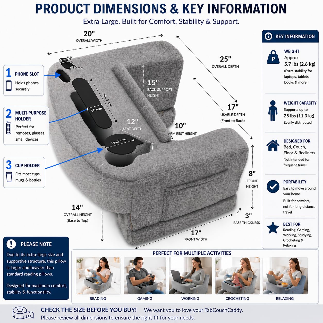 TabCouchCaddy gros plan mousse à mémoire pour soutien personnalisé