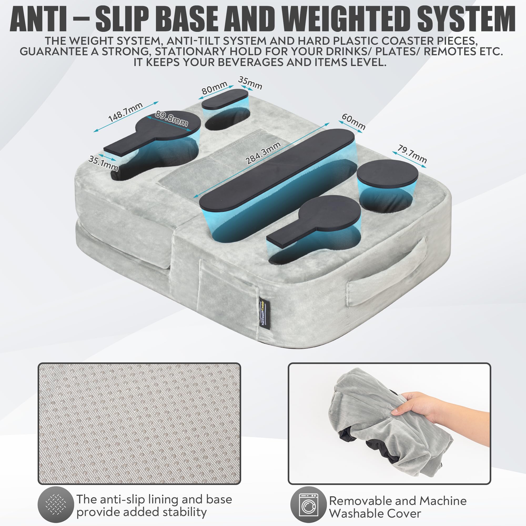 TabCouchCaddy housse retirée montrant mousse mémoire et facilité de lavage
