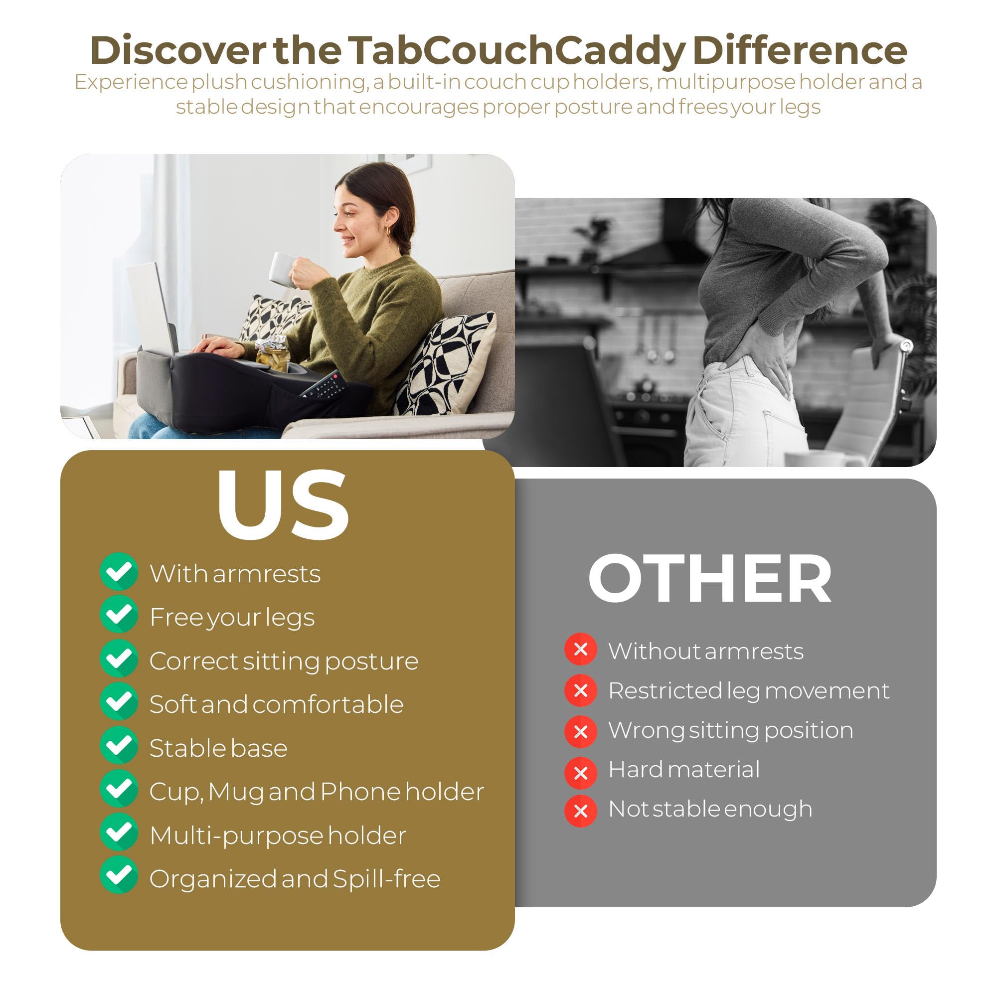 TabCouchCaddy posé sur lit pour lecture offrant ergonomie et confort