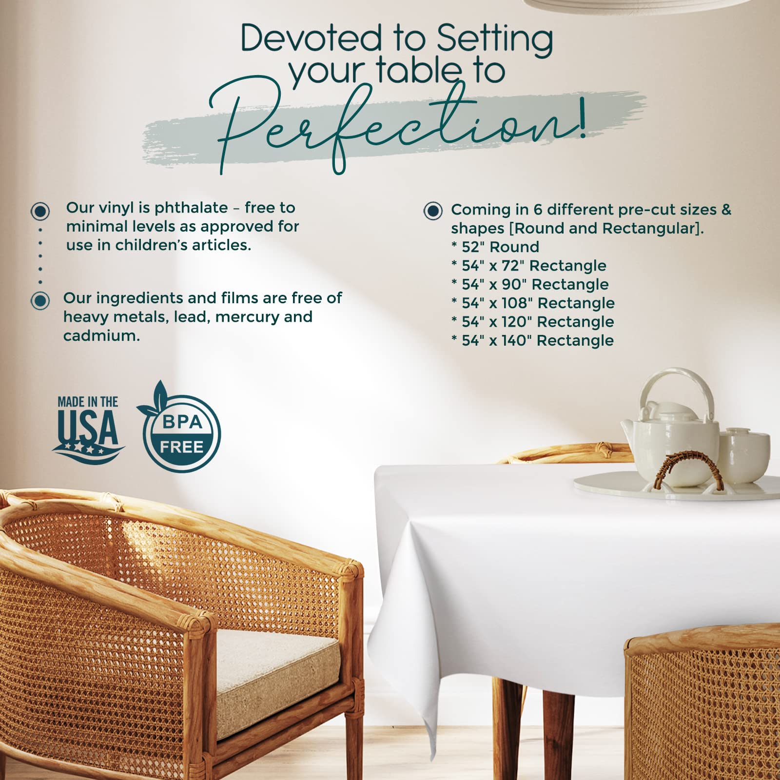 tablecloths by design comparaison d’échelle montrant la taille 108 x 54 pouces sur une table rectangulaire