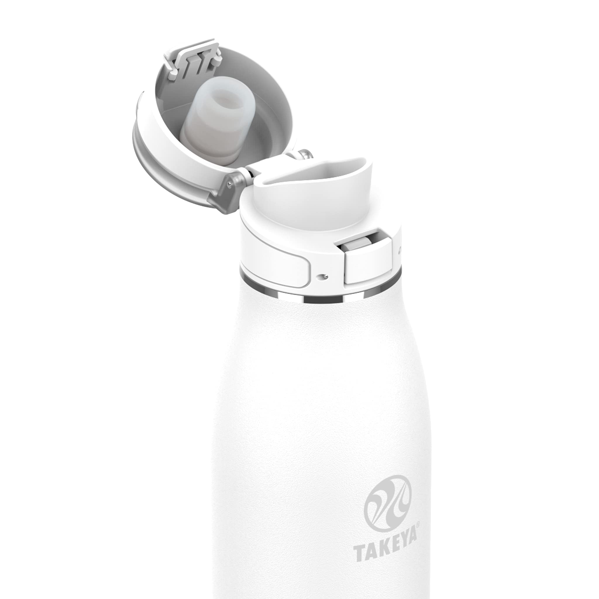 Takeya bouchon Flip-Lock ouvert et verrouillé, sécurité anti-fuite et usage à une main