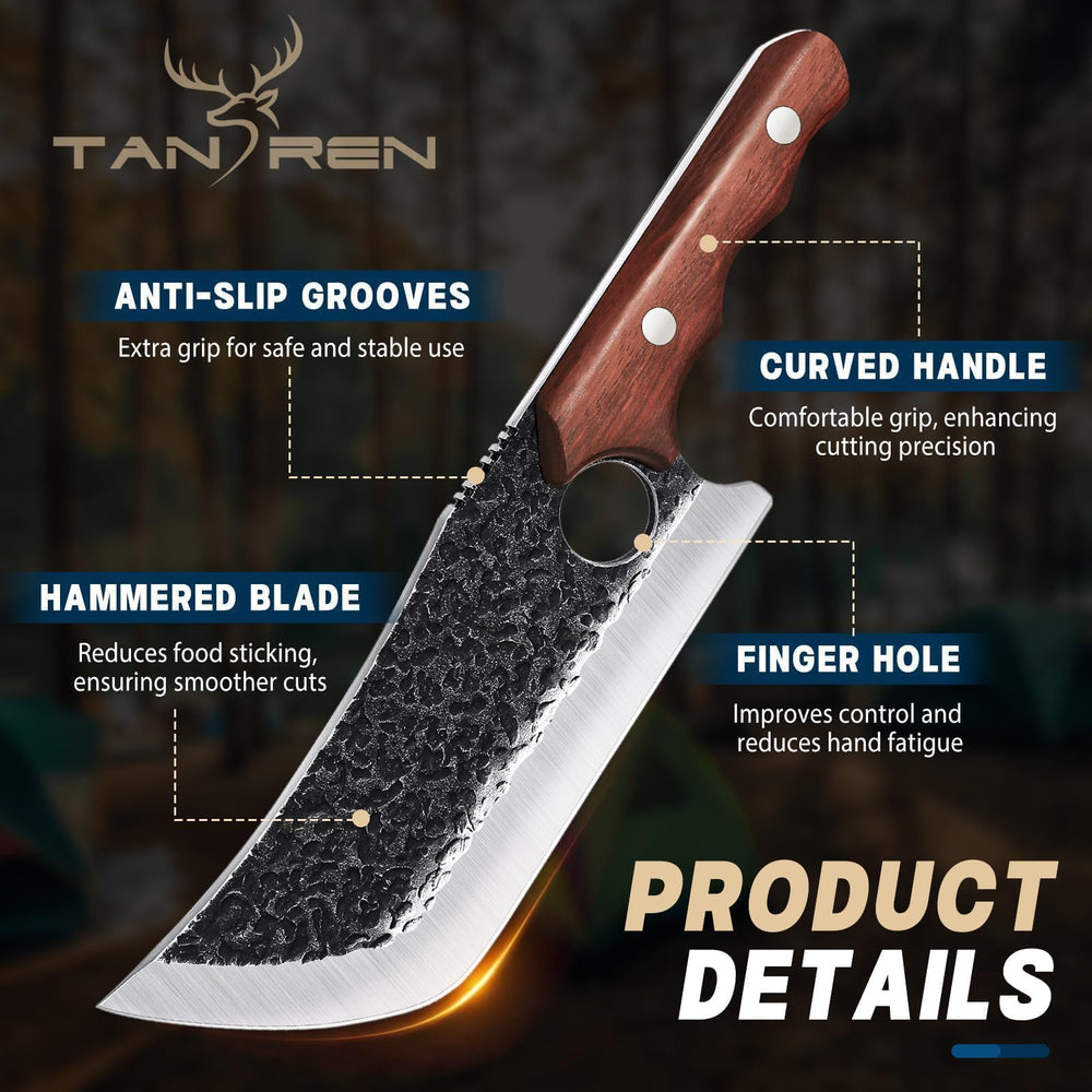 TAN REN couteau en action découpant une pièce de viande proprement