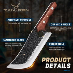 TAN REN couteau en action découpant une pièce de viande proprement