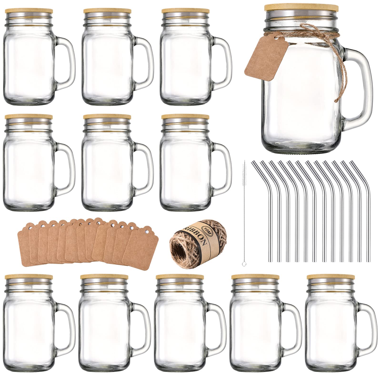 TANGLONG vue frontale du lot de 12 mason jars et couvercles bambou, design pratique