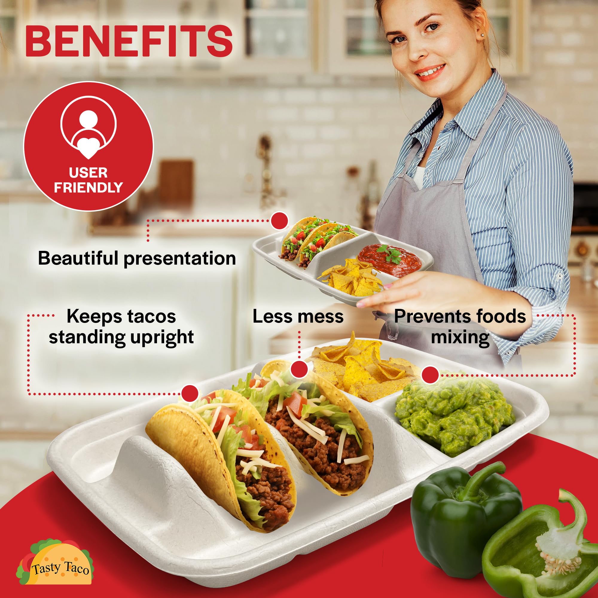 Tasty Taco assiette à l'échelle d'une main pour visualiser la taille pratique