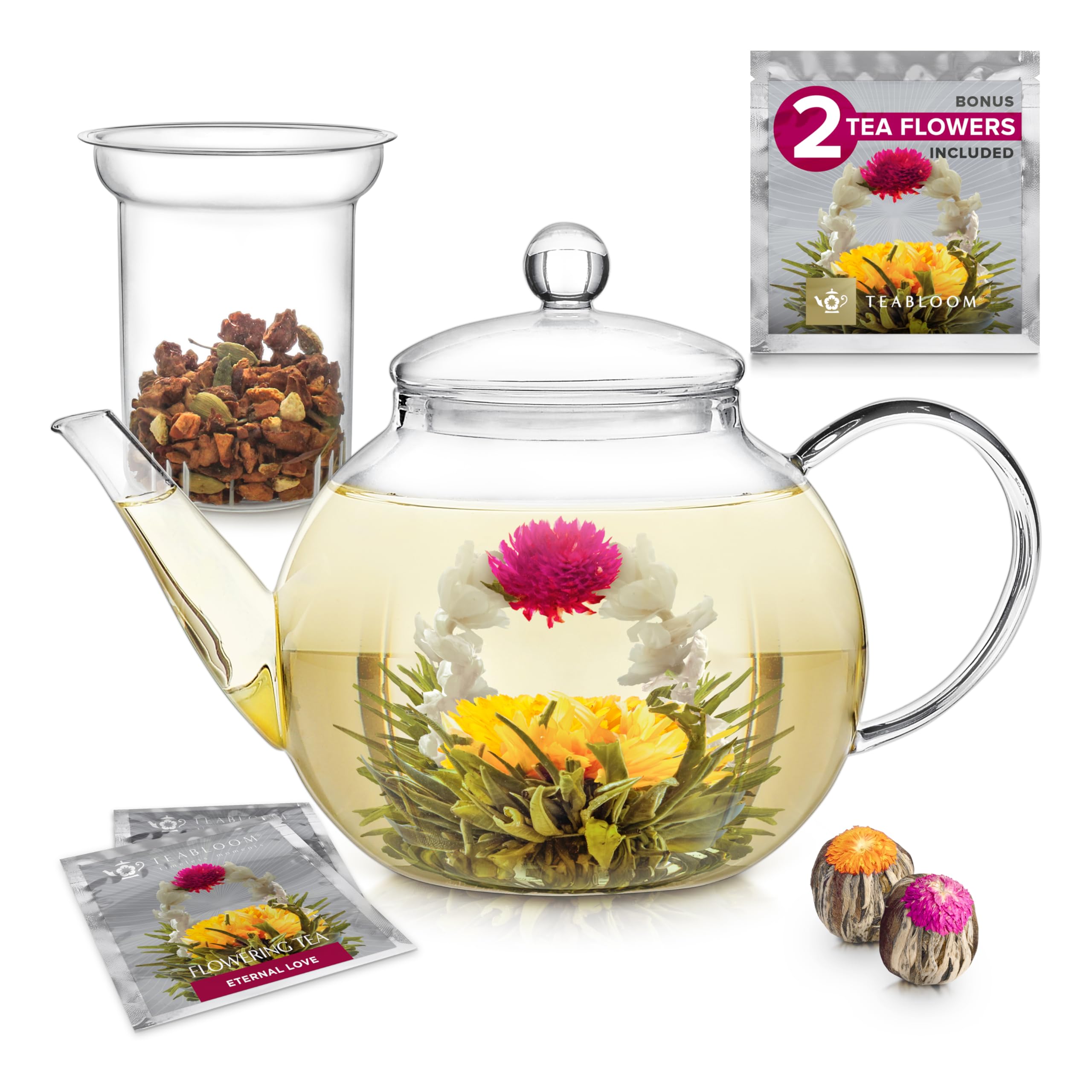 Teabloom théière face complète montrant design élégant et verre transparent pour infusion