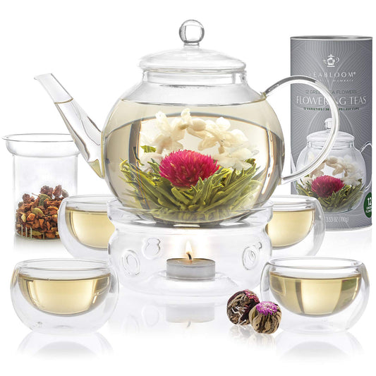 Teabloom théière en verre face montrant design élégant et service complet