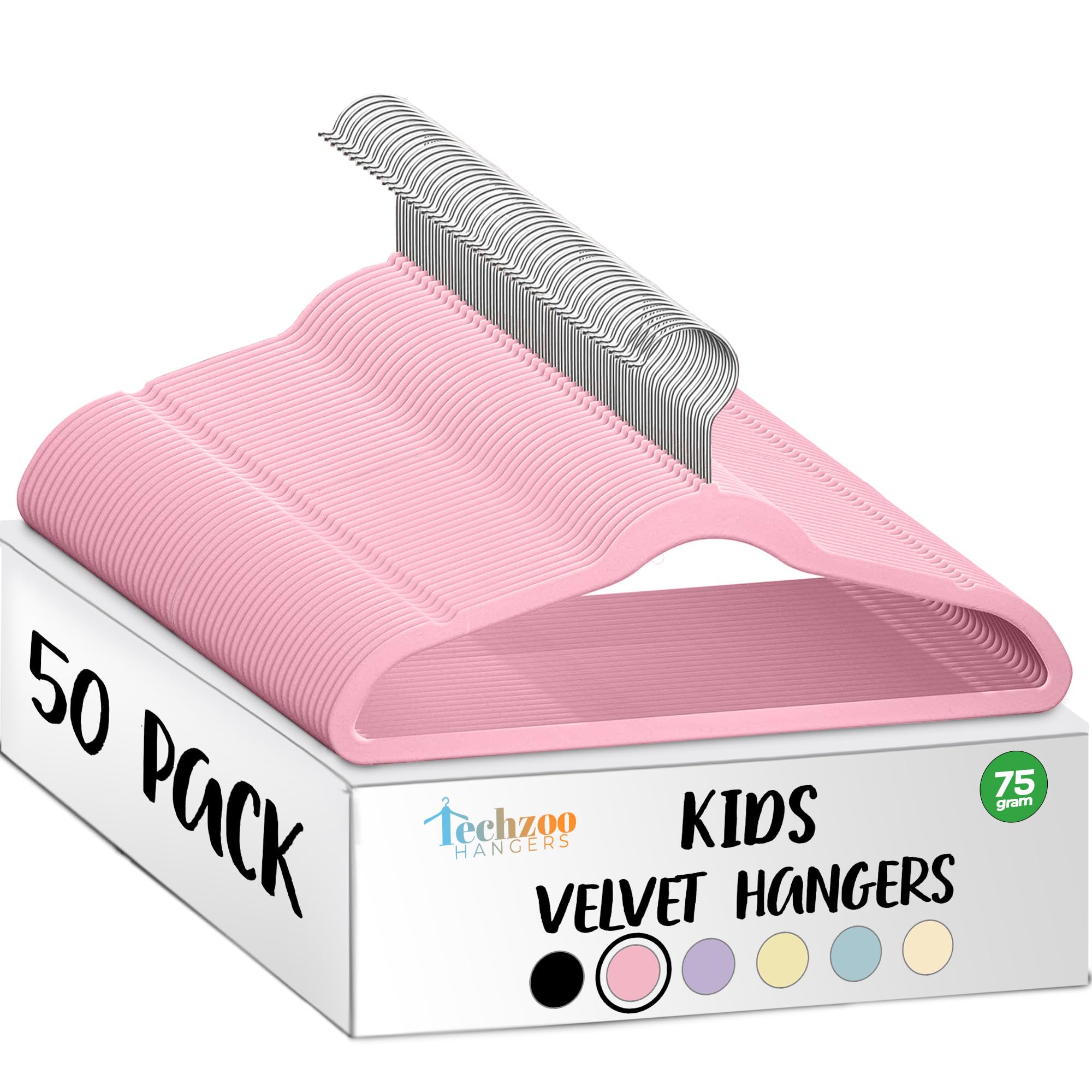 TechZoo pack avant montrant 50 cintres rose pour organisation optimisée