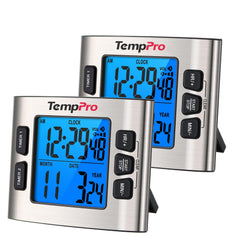TempPro TM02 face avant affichant deux minuteries et horloge, lecture rapide