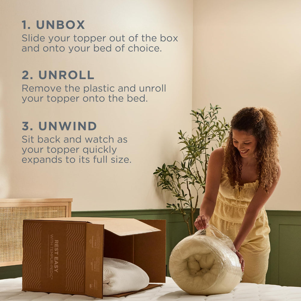 Surmatelas Tempur-Pedic plié pour rangement, gain de place pratique