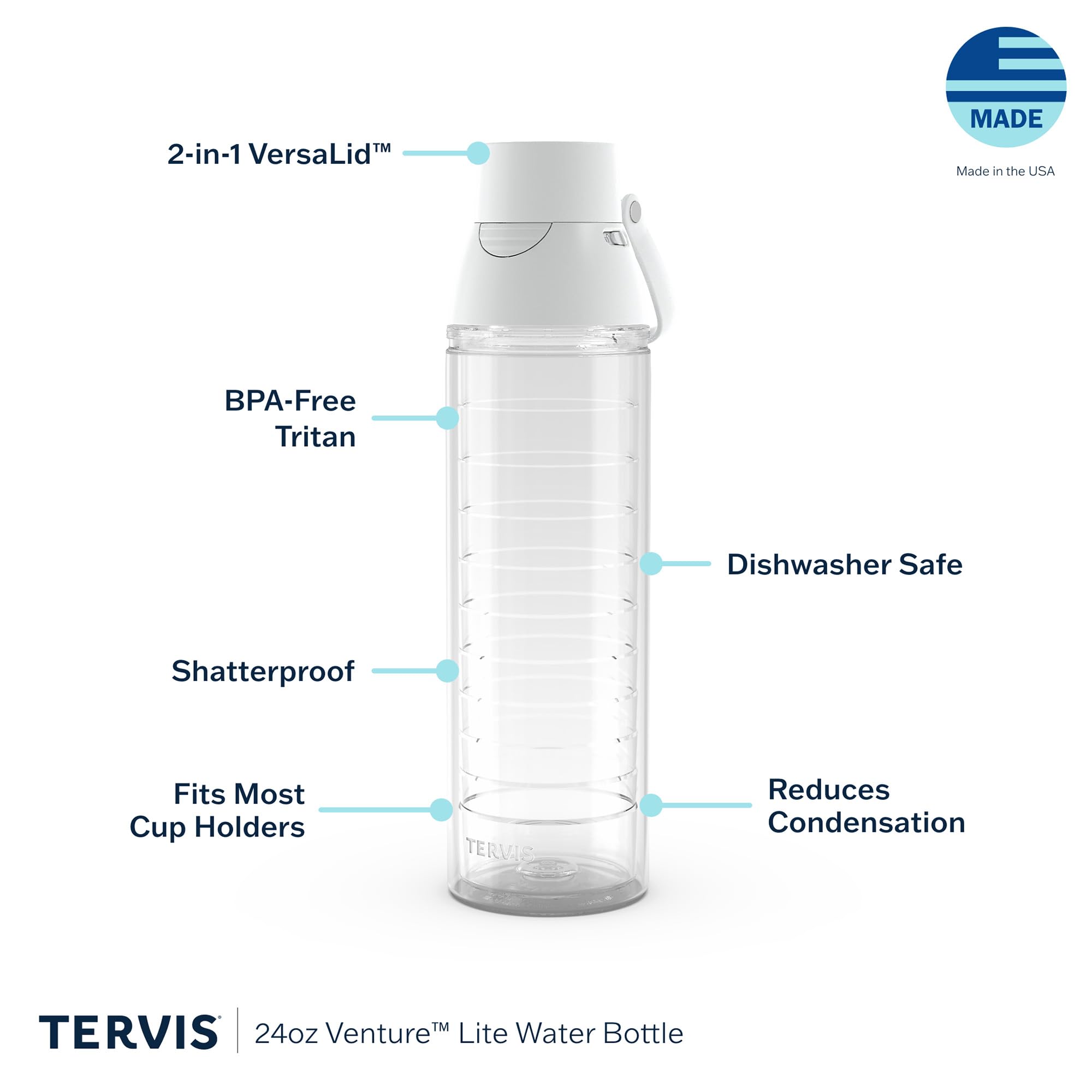 Couvercle Tervis Venture Lite détaillé avec bouton poussoir et verrou sécurité