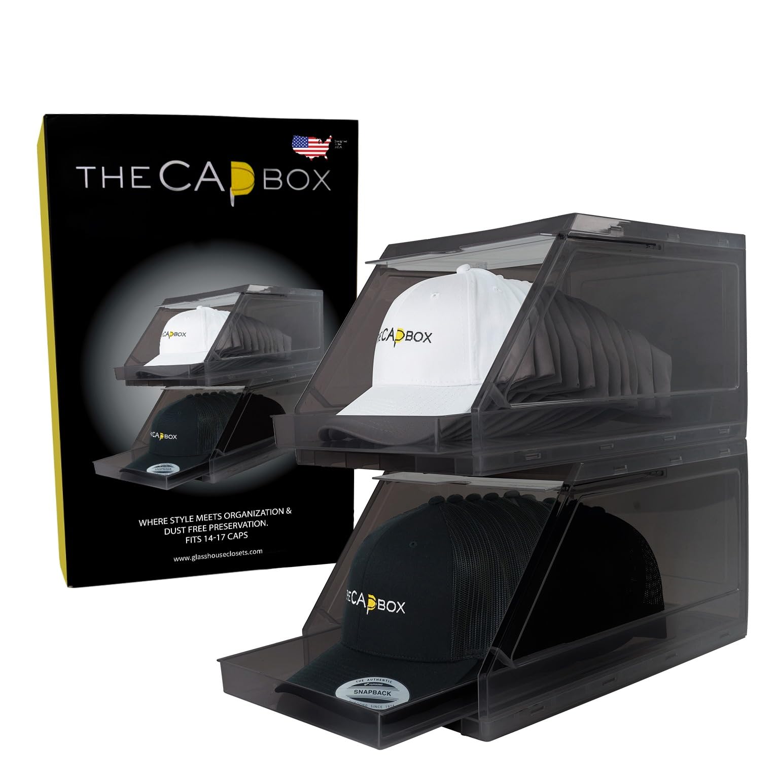 THE CAP BOX face avant transparente montrant les casquettes bien rangées