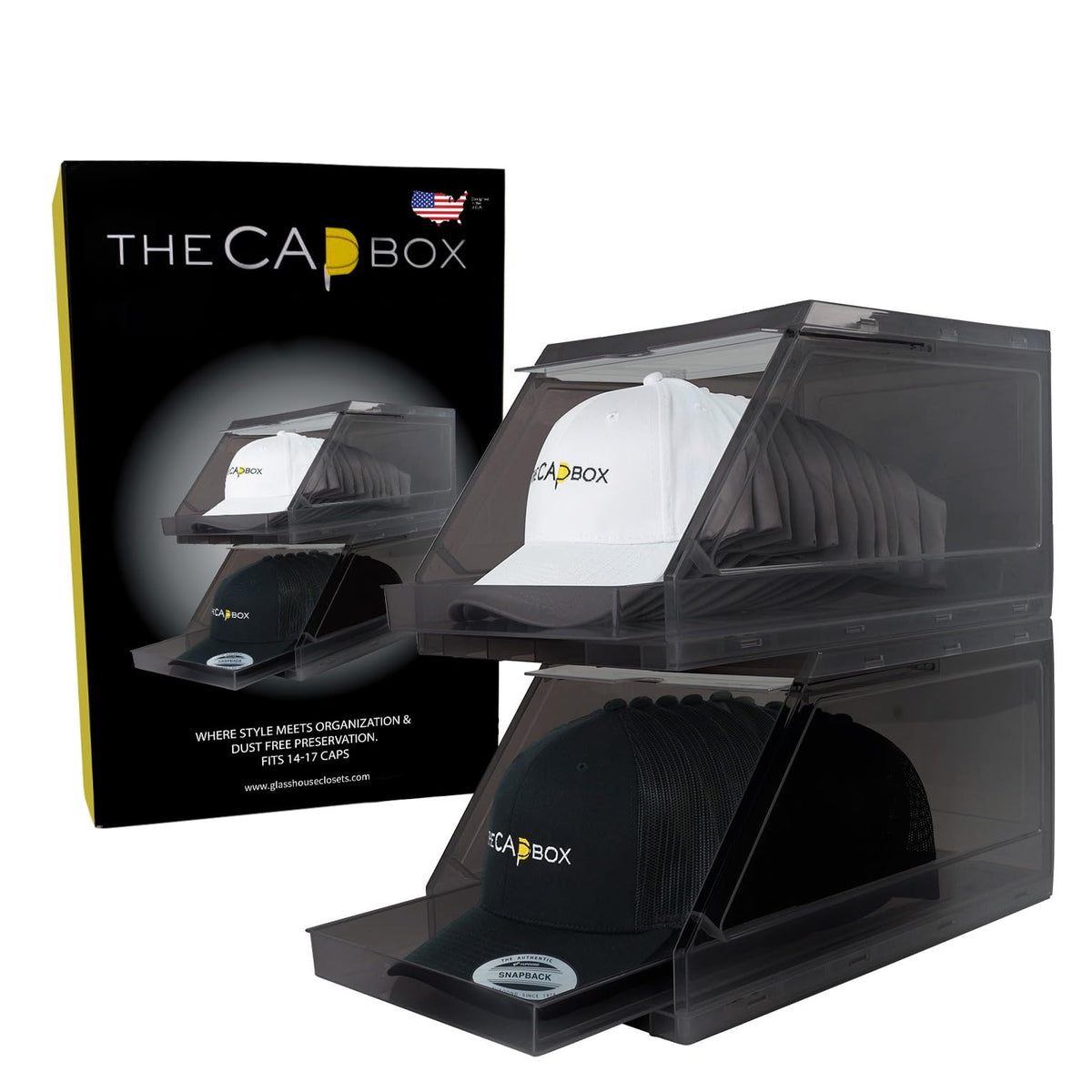 THE CAP BOX face avant transparente montrant les casquettes bien rangées