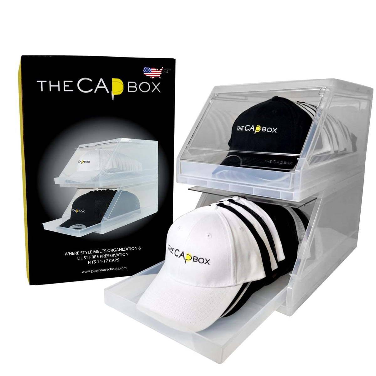 THE CAP BOX vue avant boîte transparente montrant organisation et visibilité
