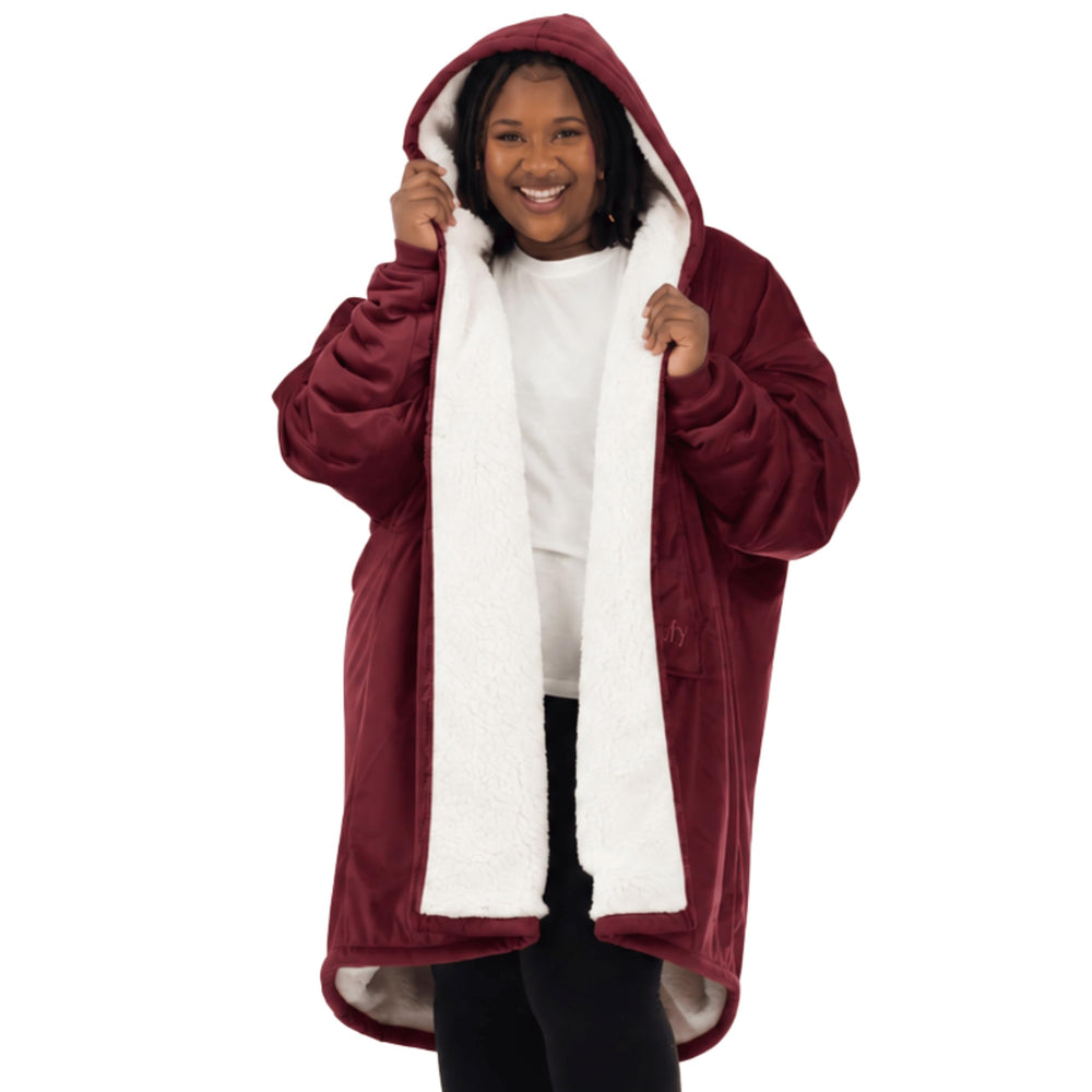 THE COMFY face avant montrant coupe oversize et fermeture éclair, confort instantané