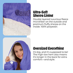 THE COMFY enfant portant la couverture sur un canapé pour confort familial