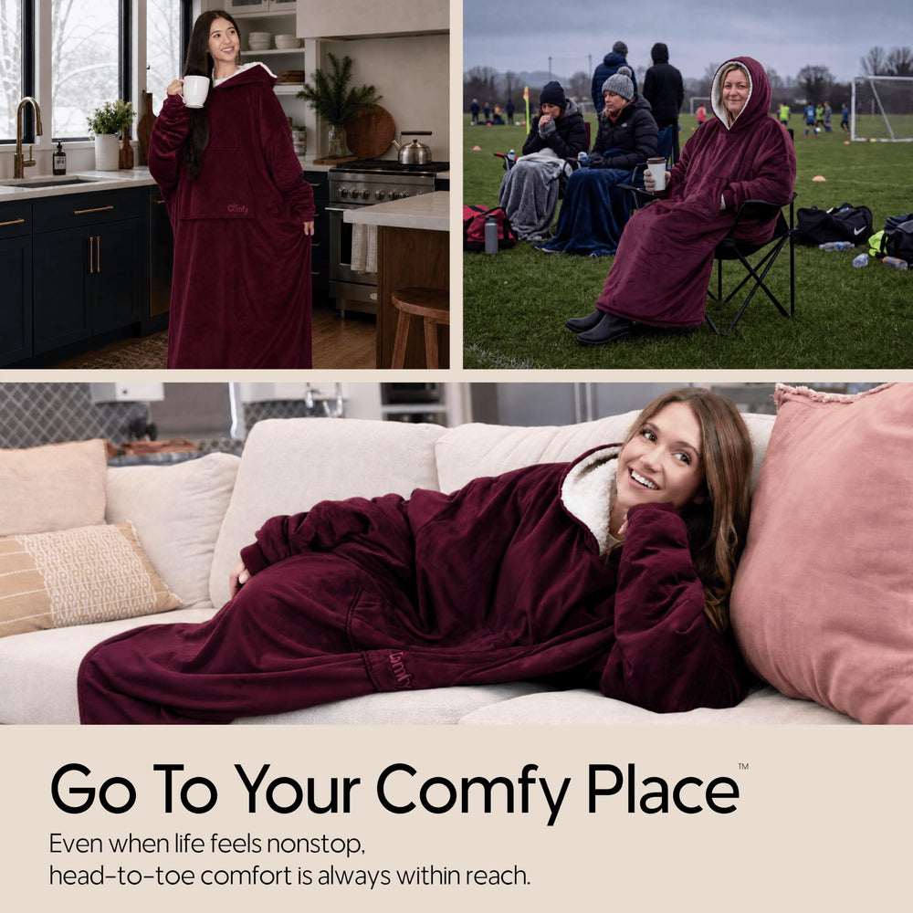 THE COMFY porté sur un canapé illustrant confort, mobilité et détente à la maison