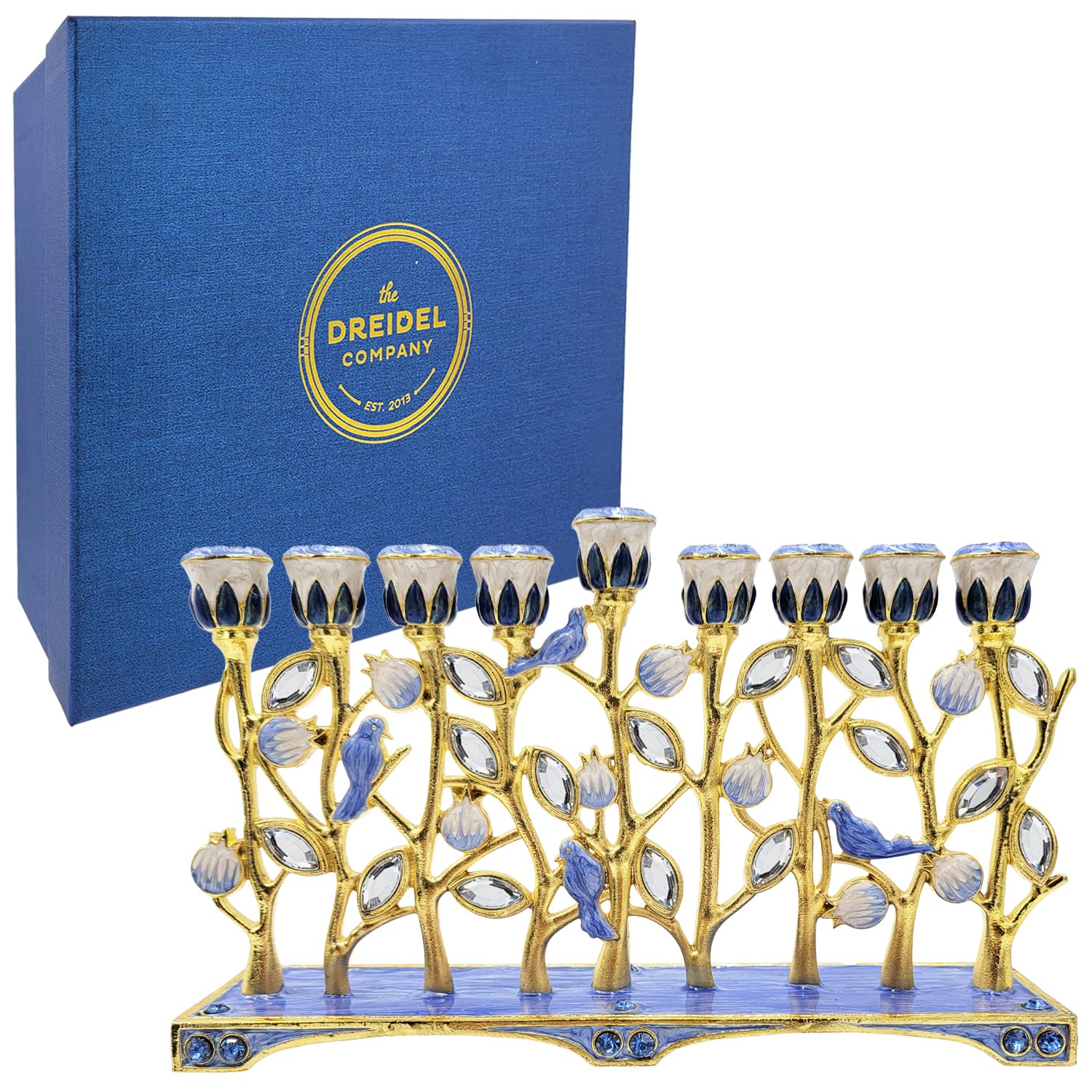 The Dreidel Company détail du cristal bleu incrusté apportant un point d'éclat décoratif