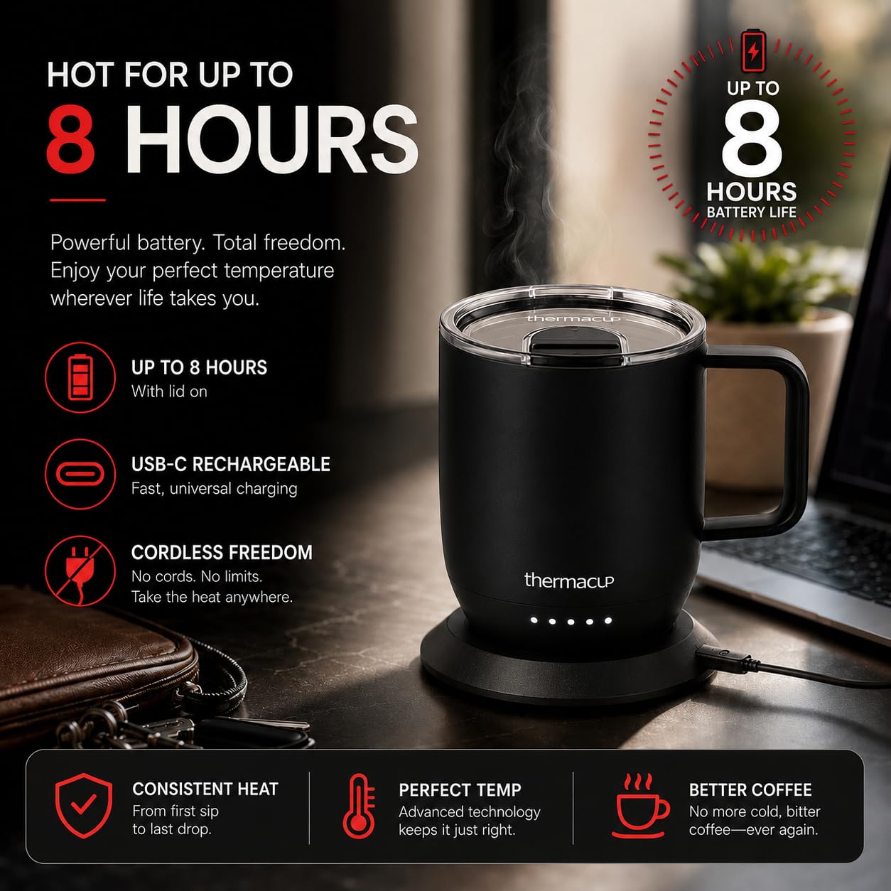 THERMACUP gros plan inox montrant la finition durable et facile à nettoyer