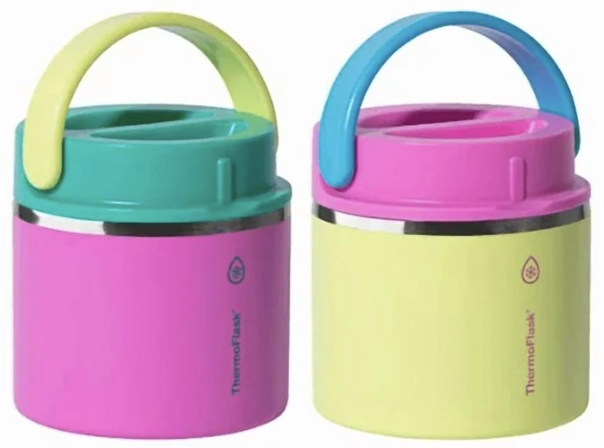ThermoFlask lot 20 oz vue face rose et bleu montrant la poignée et l'étanchéité