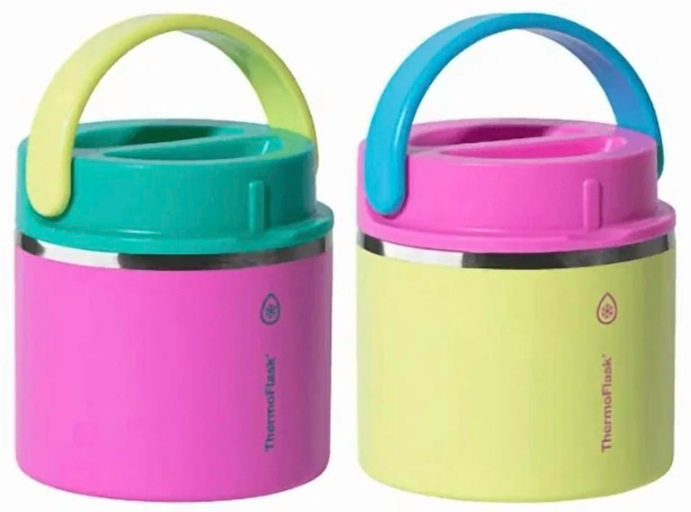 ThermoFlask lot 20 oz vue face rose et bleu montrant la poignée et l'étanchéité