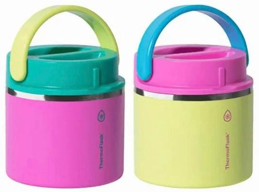 ThermoFlask lot 20 oz vue face rose et bleu montrant la poignée et l'étanchéité