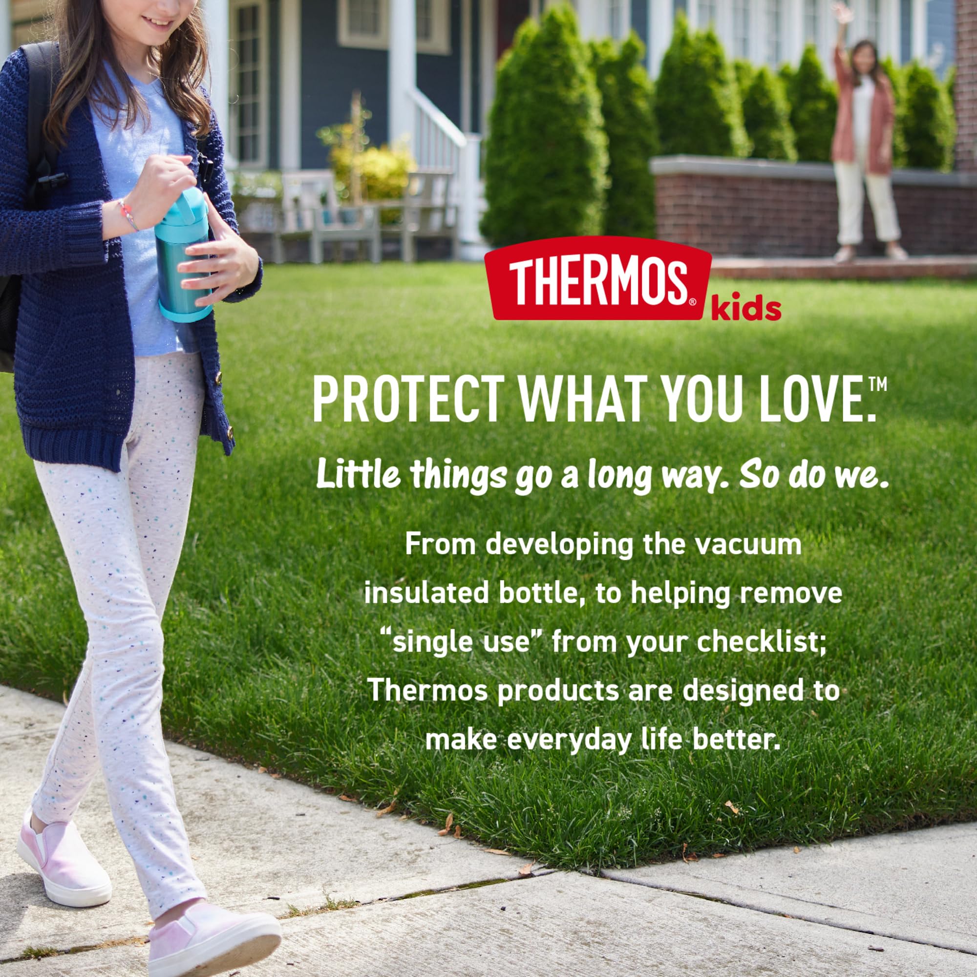 Étiquette THERMOS FUNtainer avec infos produit, matériaux sûrs et sans BPA