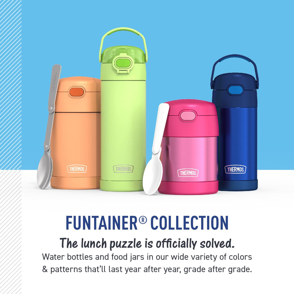 THERMOS FUNtainer montrée à côté d'un sac à dos, format compact et transportable