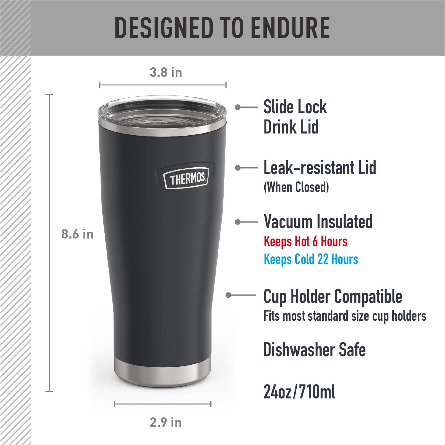 THERMOS comparaison taille montrant la capacité 24 oz et l'échelle pour usage quotidien