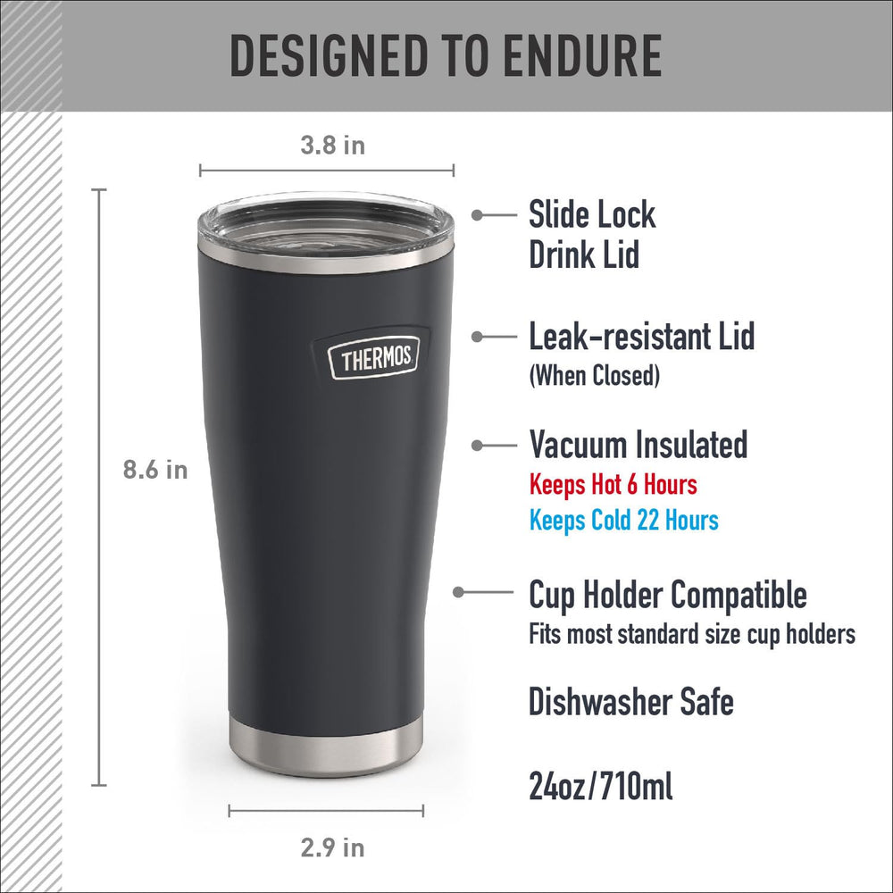 THERMOS comparaison taille montrant la capacité 24 oz et l'échelle pour usage quotidien