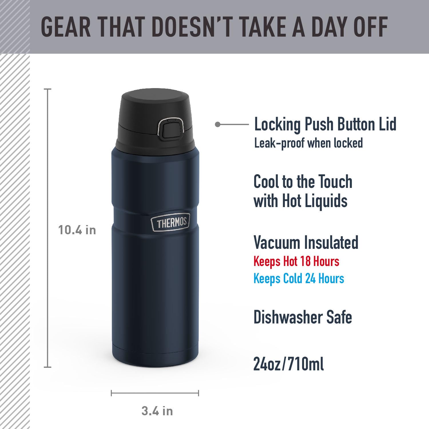 THERMOS détail du bouchon avec bouton-poussoir et bague de verrouillage pratique