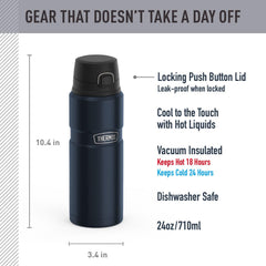 THERMOS détail du bouchon avec bouton-poussoir et bague de verrouillage pratique