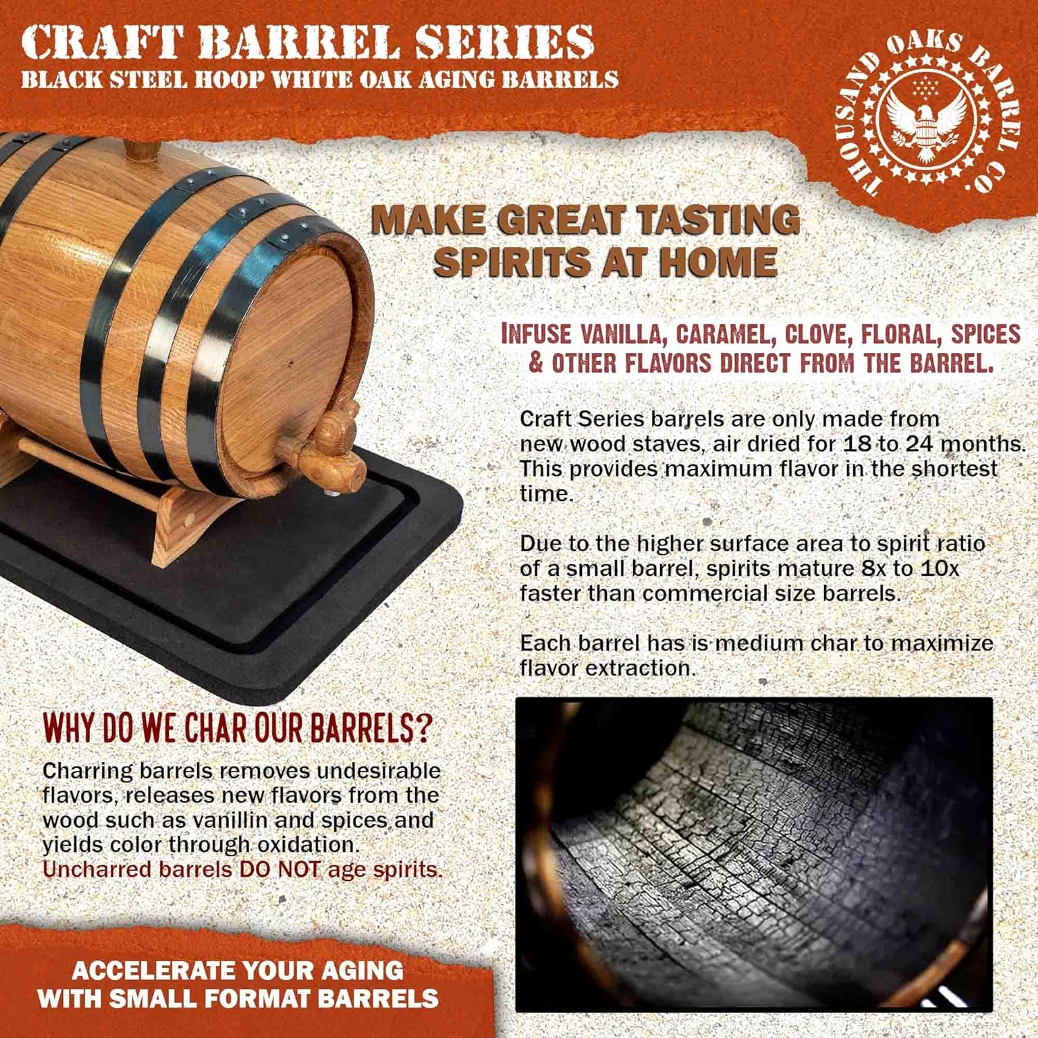THOUSAND OAKS BARREL gros plan du grain et du char intérieur révélant les arômes