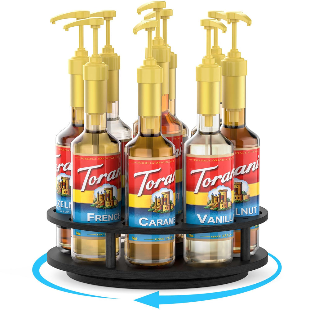 THYGIFTREE porte-sirop de face montrant neuf bouteilles, organisation rapide
