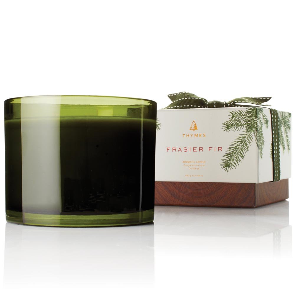 Thymes bougie Frasier Fir 3 mèches vue frontale ambiance chaleureuse