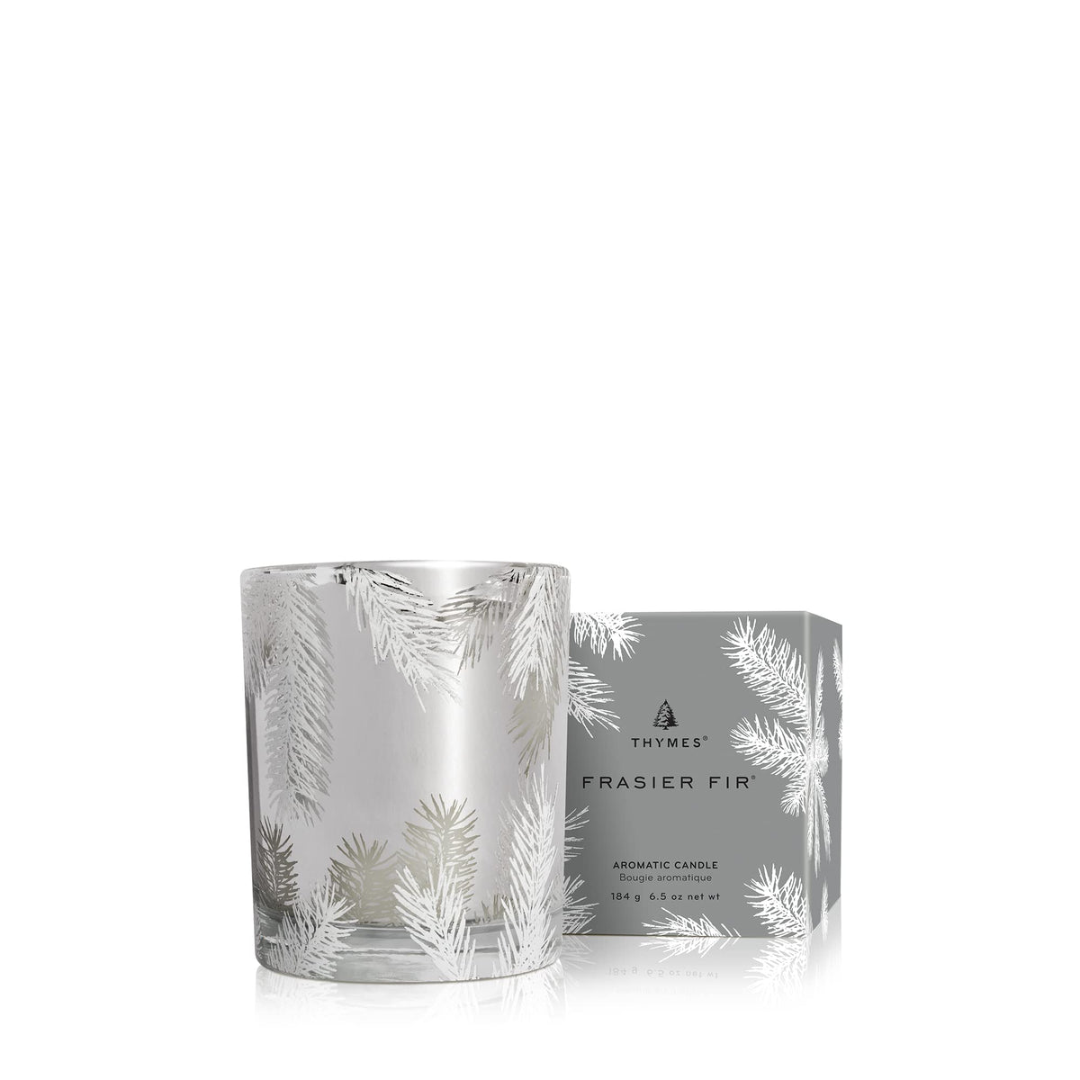 Thymes bougie Frasier Fir devant argent mettant en valeur design festif