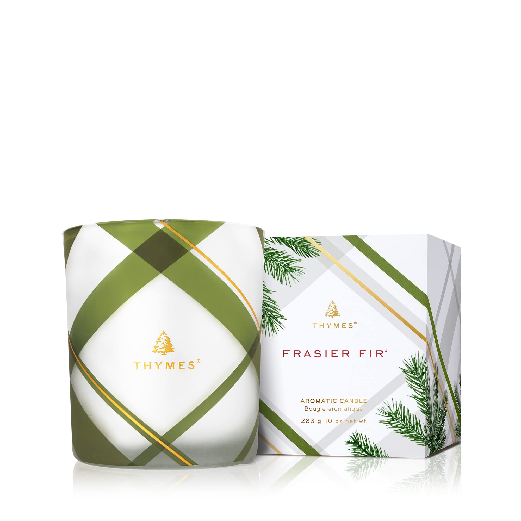 Bougie Thymes Frasier Fir en verre vert et blanc vue avant pour décoration hivernale