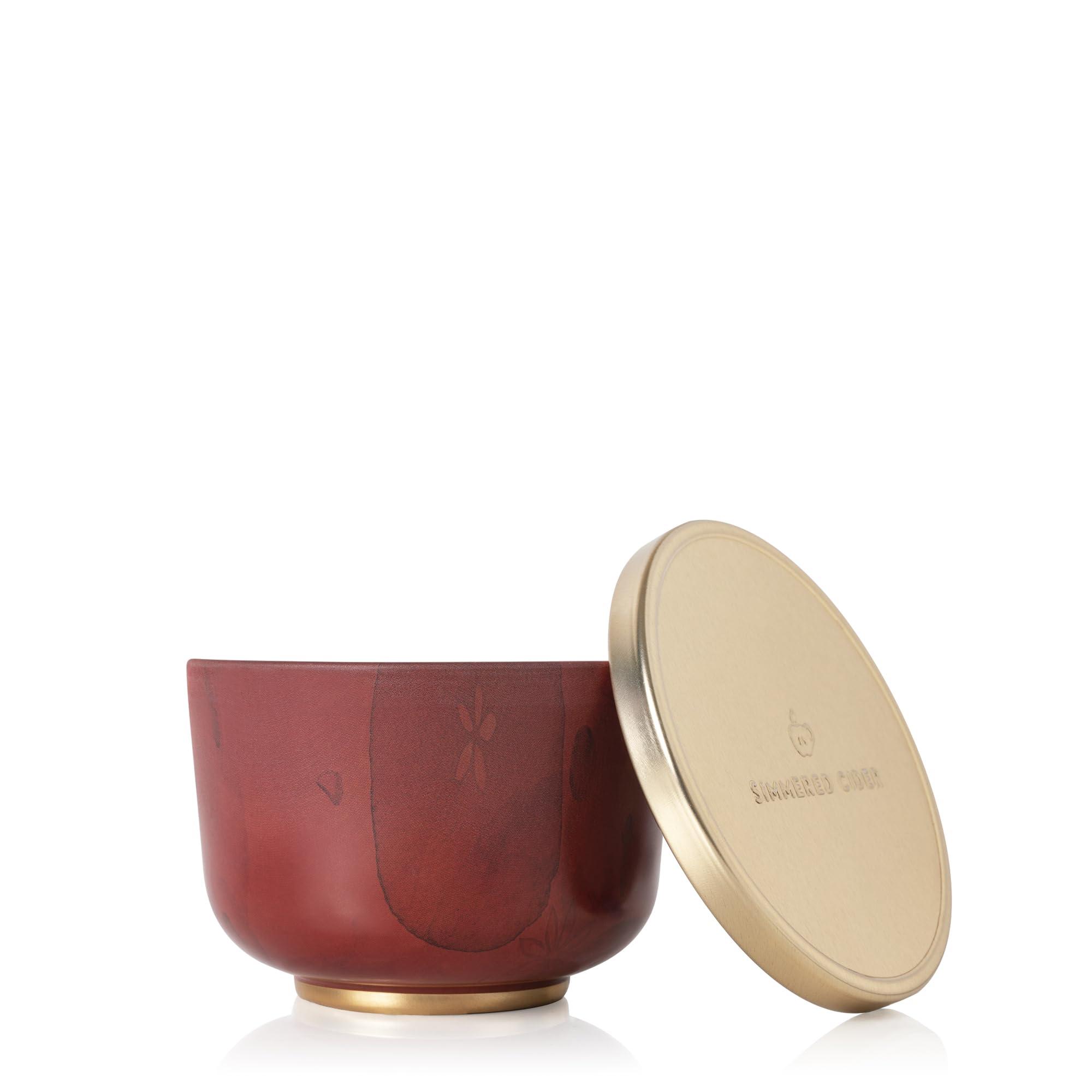 Thymes bougie Simmered Cider en étain vue frontale, design portable et élégant